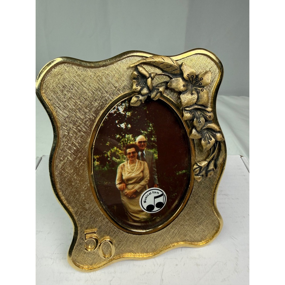 Vintage 50th Anniversary Musical Picture Frame Gold Tone Plays Anniversary Waltz
